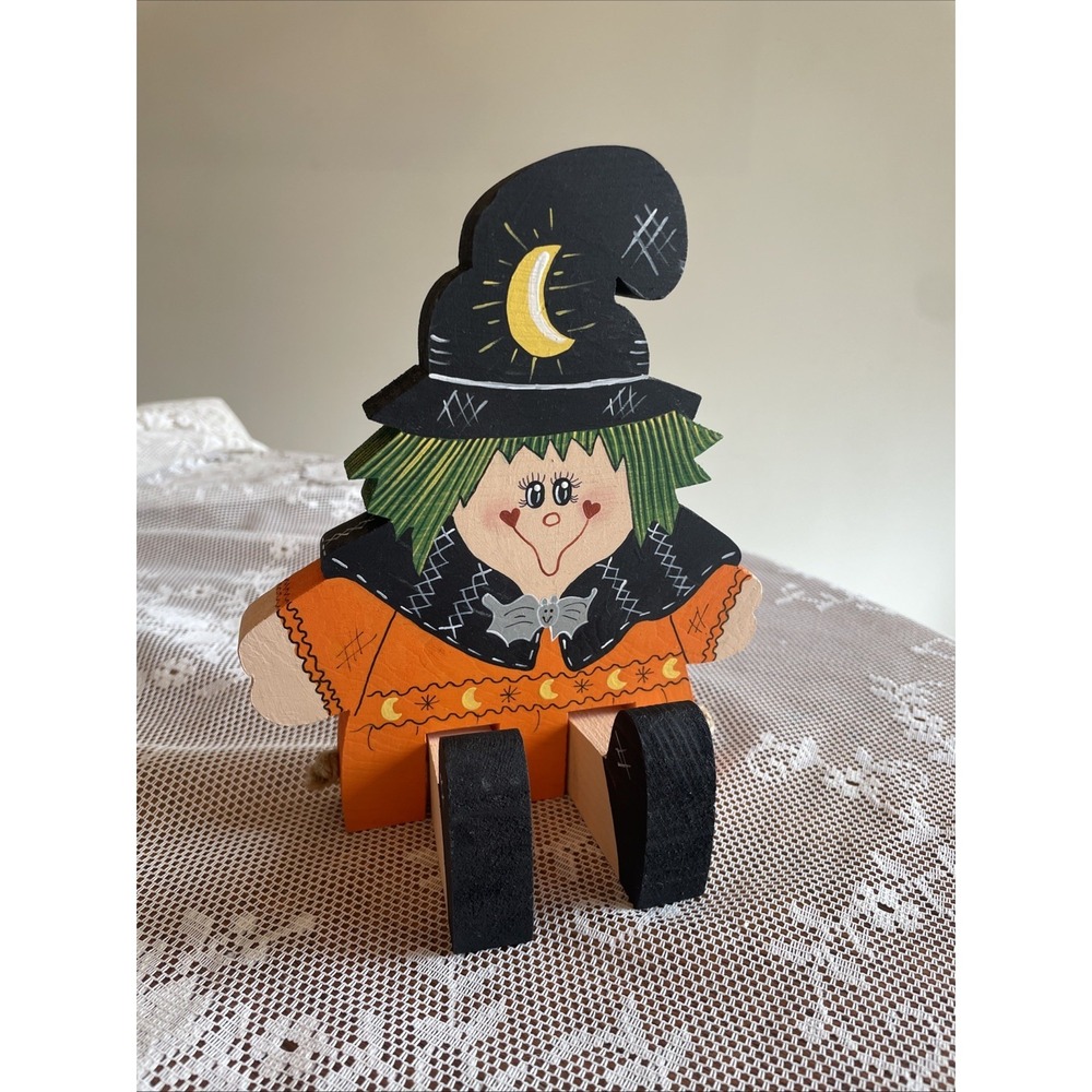 Vintage Handcrafted Halloween Wood Shelf Sitter Witch Cute Green Hair Bat 90's